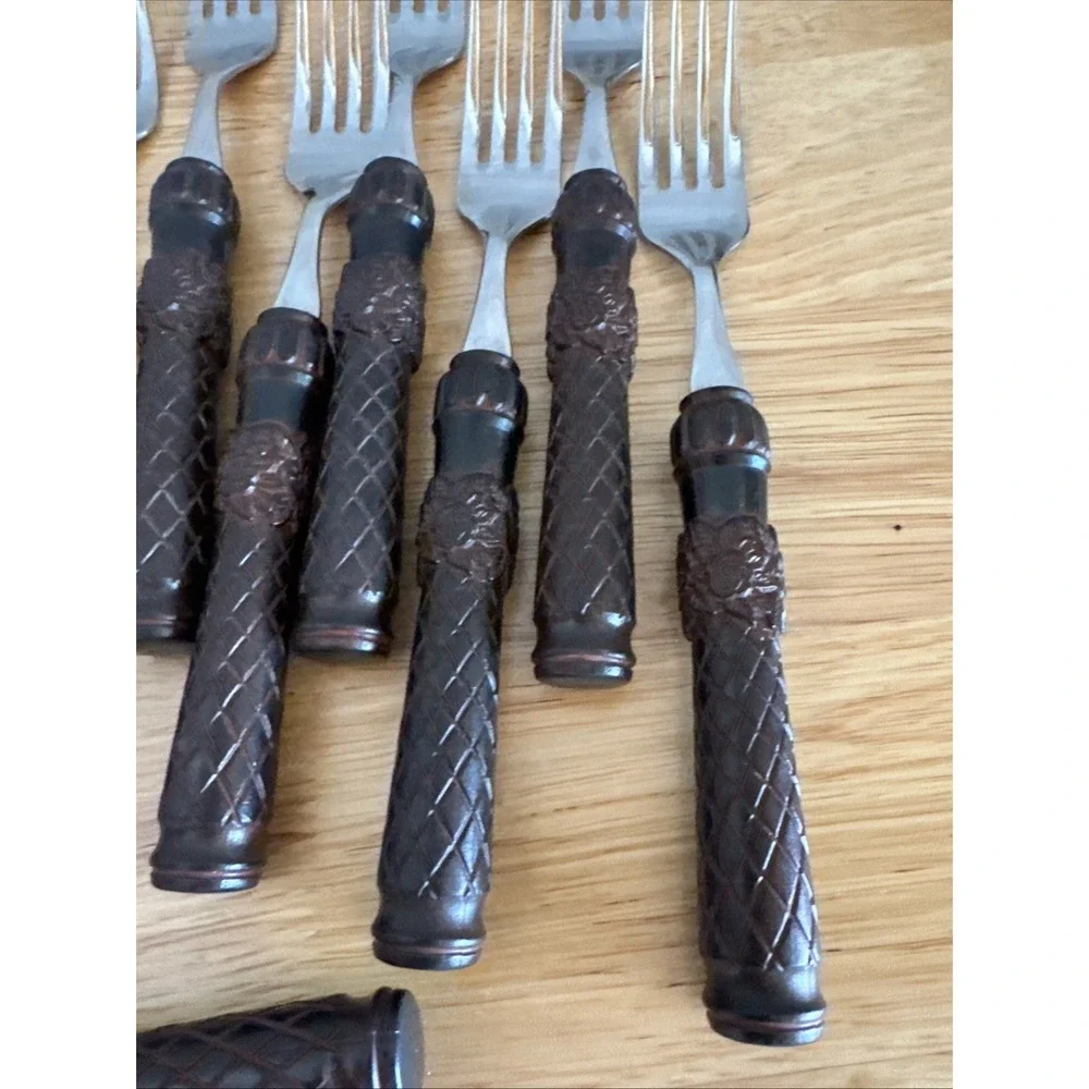 Tracy Porter Tiki Bamboo Resin Flatware Brown Tropical Stainless 21 Piece Set